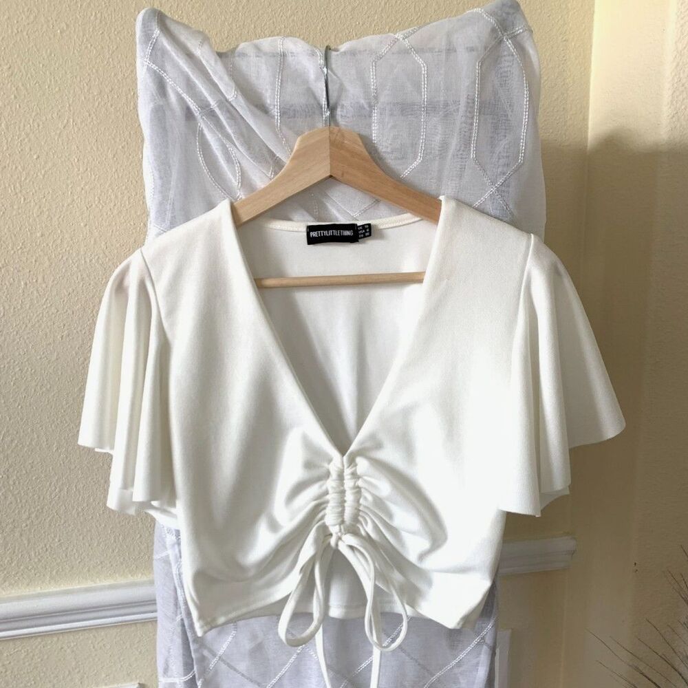 PrettyLittleThing White Ruched Crop Top with Adjustable Drawstring